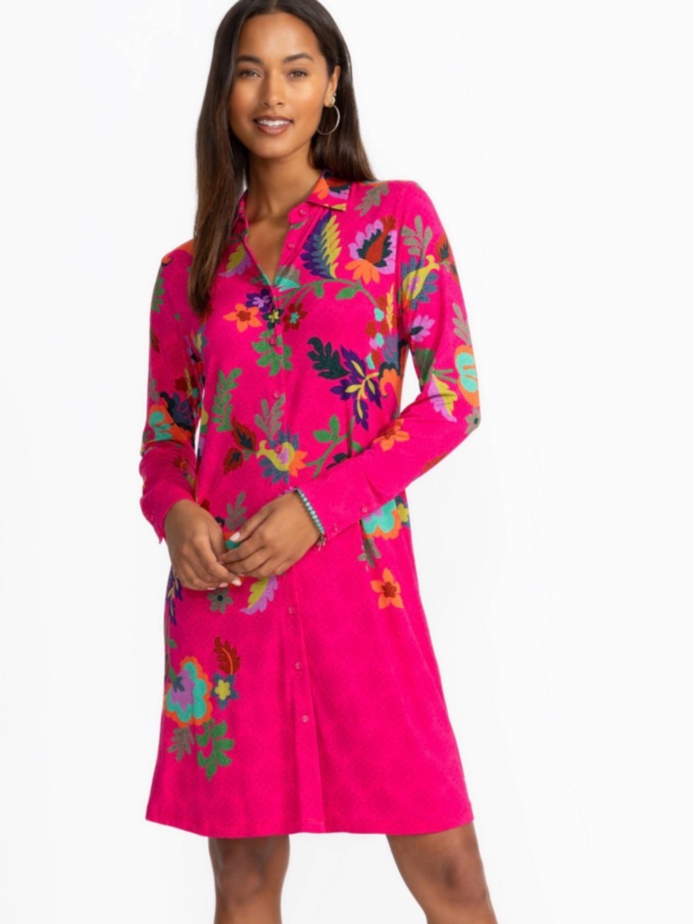 Johnny Was Hot Pink Floral Button-Front Dress. NEW with tags